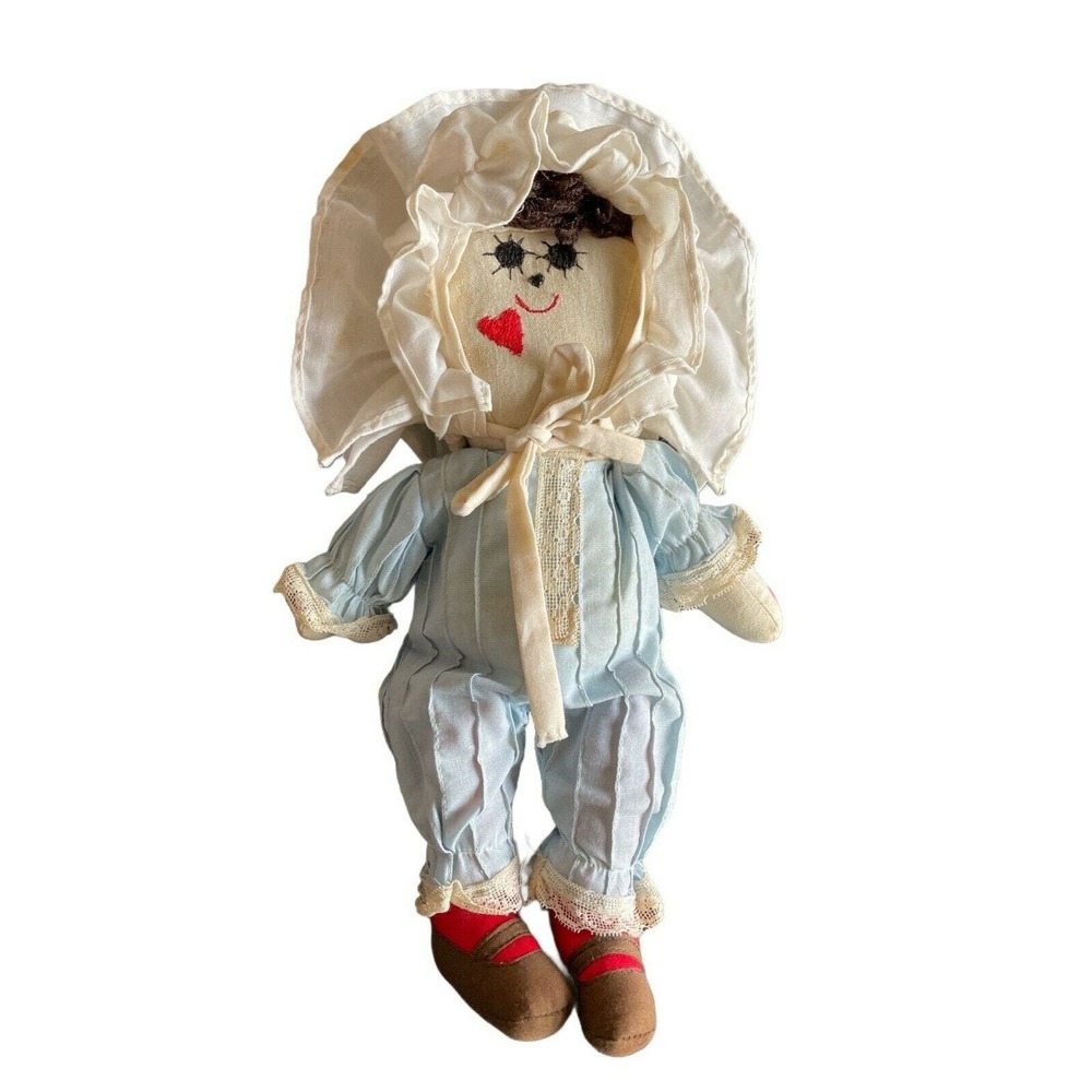 Vintage soft body cloth doll 12" Clothes Brunette Hearts embroidered ragdoll